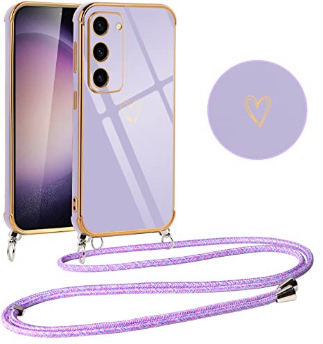 Vauki Coque pour Samsung Galaxy S23 avec Cordon de Collier, Galvanisé Etui Housse avec Motif Coeur d'amour, Antichoc Anti-Rayures Case avec Bandoulière pour Samsung S23 6.1, Violet