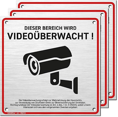 HAGEFOL® Schild Videoüberwachung, 3er Set, (15x15 cm - klein) mit DSGVO Hinweis, inkl. 4 Bohrlöcher, Kamera Warnhinweis für Überwachungskamera oder Kamera Attrappe (Aluminium gebürstet)
