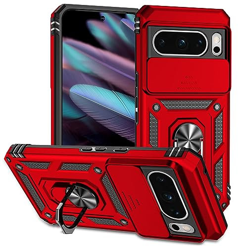 Jiyu Funda Compatible con Google Pixel 8 Pro Carcasă Armor Militar Cubierta de Cámara Deslizante Proteger Fundas con 360 Full Protección Anillo Soporte Silicona Estuche Cover Case,Rojo