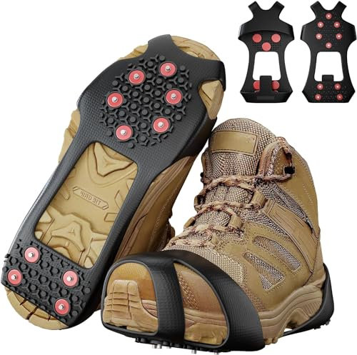 Holaluk Steigeisen, Eisklampen für Schuhe und Stiefel, Steigeisen verbesserte Traktion mit Gummi und 304 Edelstahl-Greifern, perfekt für Outdoor-Aktivitäten im Winter, Eiswandern und Angeln (L)