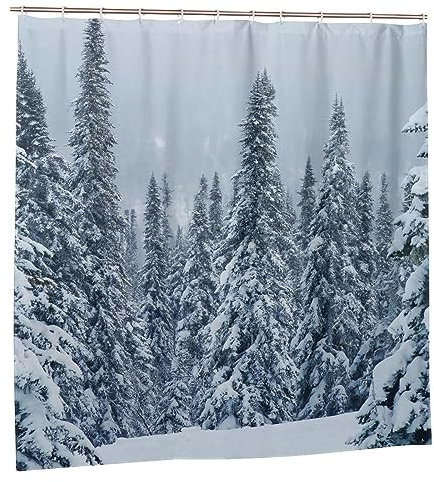 JOOCAR White Forest Shower Curtain Winter Snow Pine Forest Shower Curtains Watercolor Winter Bathroom Decor Polyester Fabric Waterproof Shower Curtain Set with 12 Hooks, 180x180cm