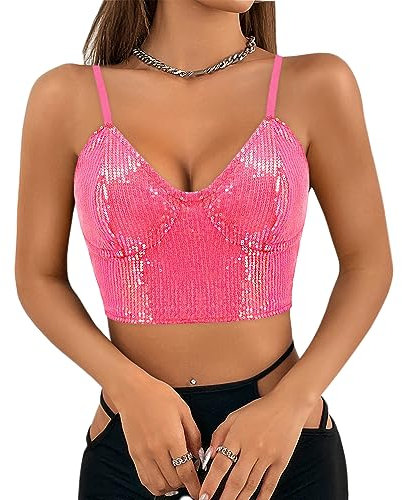 Segreto Damen Glitzer Pailletten Tanktop Ärmellos Spaghettiträger Sexy Crop Top Trägertop Festival Party Club Rosa Camisole