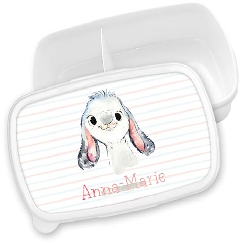 timalo® Brotdose Kinder personalisiert mit Namen | Bento Lunchbox Unterteilung mit Fächern | Jungen Mädchen Kindergarten Schule Motiv Tiere Geschenk | 01- Hase