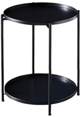 KHAPALWAK Round Side Table, 2-Tier Metal End Table, Round Coffee Table with Removable Tray, Metal Frame Compact Coffee Tea Tables for Living Room Bedroom Office (Black)
