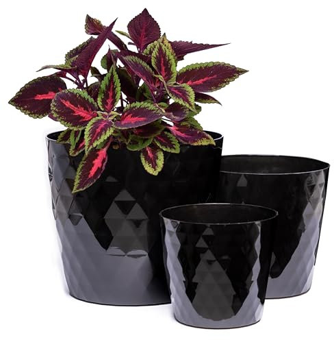 Home Garden Ornaments Noir Pot de Fleur Interieur Lot de 3 Tailles 14/16/18 cm - Pot de Fleurs Exterieur avec Surface en Cristal Brillant - Décoratif Pots de Fleurs - Pot Plante Plastique (Noir)