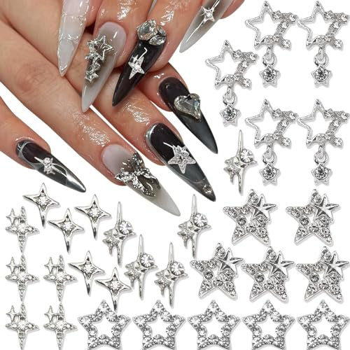 Goiern 30 Stück Stern-Nagel-Charms, glänzendes Silber, 3D-Sterne, Nagel-Edelsteine, Sternenlicht-Nagelschmuck, Y2K-Charms für Acrylnägel, Dekoration, glitzernde