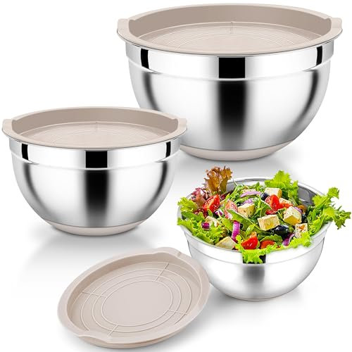 Homikit Set di 3 ciotole in acciaio inox con coperchio ermetico e fondo in silicone, insalatiera per cucina, impilabile, versatilità, 1 l, 2,5 l, 4,5 l, kaki