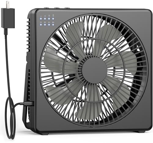 KITWLEMEN Table Fan - 8 Portable Desk Fan with 4 Cooling Speeds & 8H Timer, Box Fan Fit for Small Window, 90°Tilt Air Circulator Fan for Bedroom, Bathroom, Office, Travel (Black)