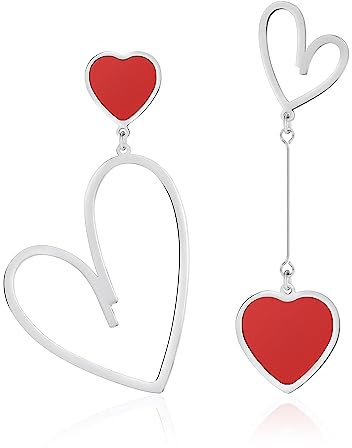 Linawe Silver Red Heart Earrings for Women, Titanium Surgical Steel Dangle Earrings Dangling, Long Drop Earrings, Asymmetrical Mismatched Cute Love Earrings, Heart Jewellery