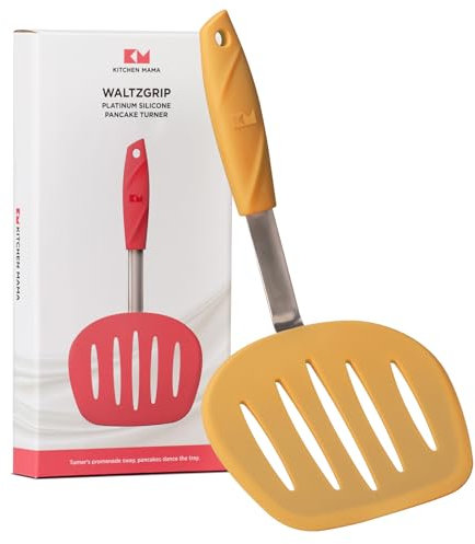 Kitchen Mama WALTZGRIP Platinum Silicone Pancake Spatula Turner: Heat-Resistant, Wide Slotted Tapered Head Stainless Steel Core. Durable, Dishwasher-Safe, Flipping Cooking Needs, Wok Use (Yellow)