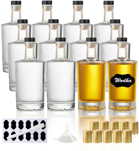 YBCPACK 12 botellas de cristal de 100 ml para rellenar, pequeñas botellas de licor con corcho, tapa termorretráctil, embudo, etiquetas, botellas de licor vacías perfectas para licores, licores y zumos