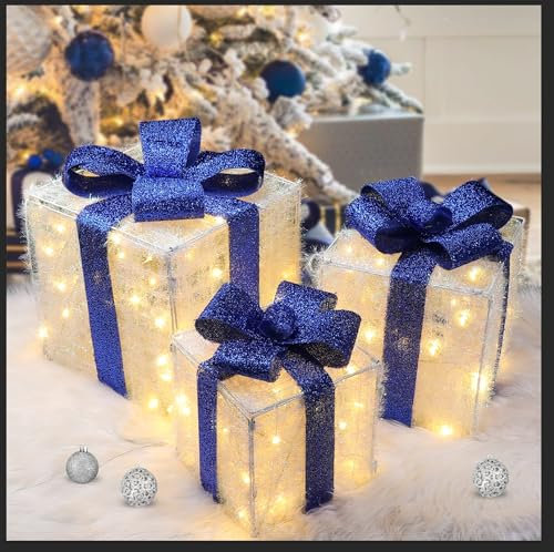 ELKTRY XXL 30cm LED Geschenkbox, Weihnachtsdeko mit 117 LED 3 Set außen innen, blau faltbar Beleuchte Weihnachtenbox mit Timer, Strom Weihnachten Geschenke unter Weihnachtsbaum/Fenster/Garten Stehen