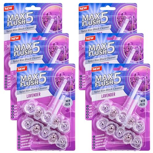 6 Pack Max Flush 5 Lavender Toilet Rim Block Cleaner (Twin Pack), Clear Water Toilet Rim Block with Anti-Limescale, Cleaning Foam, Dirt Protection and Extra Freshness