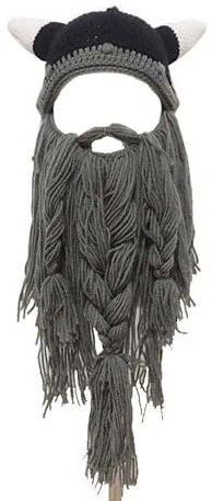 WUODHTW Herren Head Barbarian Vagabond Beanie Langbart Wikinger Strickmütze Stier Horn Handgemachte Strickmütze Warme Skimütze Lustige Partymütze, Mittelgrau, Einheitsgröße