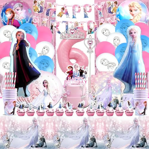 108 Pièces Kit Anniversaire Reine des Neiges 6, Deco Anniversaire Reine des Neiges 6 Ans, Ballon Anniversaire Reine des Neiges 6, Vaisselle Reine des Neiges, Baguette et Couronne Reine des Neiges