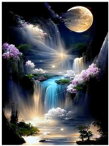 quiodok Diamond Painting Erwachsene Mond Wasserfall Vollbohrer Diamant Malerei DIY Diamond Painting Bastelset Diamant Painting Bilder für Wohnzimmer und Schlafzimmer Wanddeko (30x40cm)