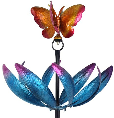 hogardeck Großes Windspiel für den Außenbereich, 197,1 cm, Metall, Schmetterling, Tulpe, Windspiel mit robusten Pfählen, mehrfarbig, um 360° drehbar, Windskulpturen, kinetische Hofkunst für Zuhause