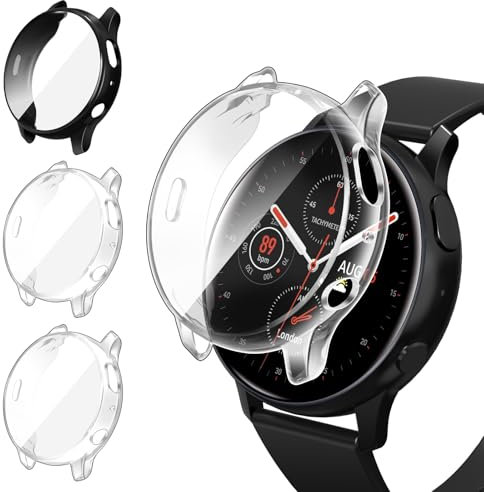ivoler 3 Piezas Funda con Protector de Pantalla para Samsung Galaxy Watch Active 2 44mm, Protección Completa Carcasa Protectora Delgado Suave TPU Anti-Arañazos Case, 2 Transparente + 1 Negro