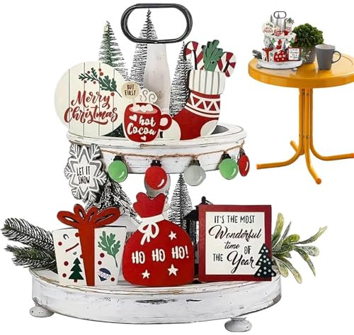 Plateau de Noël à étages, plateau de service rustique en bois de ferme, décoration multifonctionnelle, centre de table pour salon, décoration de cheminée, plateau de service à étages pour les vacances
