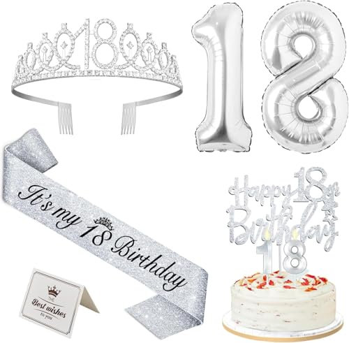 18. Geburtstag Mädchen Deko, 18. Geburtstag Krone und Schärpe, Tortendeko und Kerzen, Luftballons Silber, Geschenke für Mädchen 18 Jahre