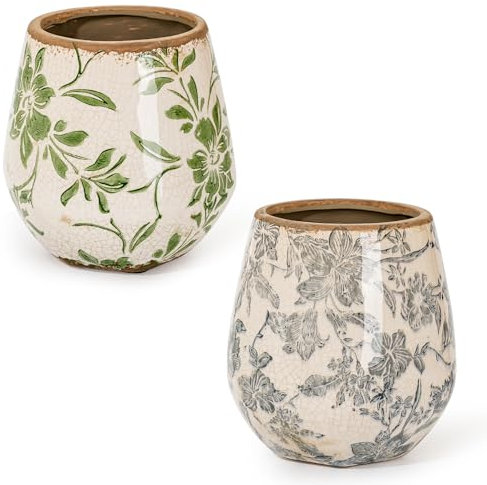 Sungmor Macetas de cerámica vintage, juego de 2 bonitas macetas de cerámica esmaltada agrietada con hielo, macetas de hierbas con agujero de drenaje, macetas toscanas para plantas de interior y