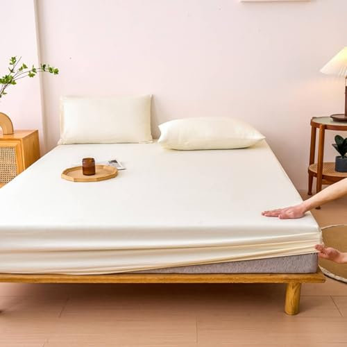 AMDXD Betttuch mit 2er Kissenbezüge 200x220cm Set Deko, Bettlaken Unterlage Einfarbig Beige Weiß Schlafkomfort, Polyester Bett Laken Bezug Unterbett als Schutz für Boxspringbett & Topper