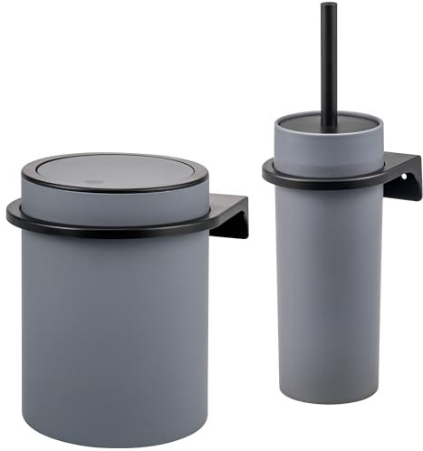 bremermann rundes 2tlg. Bad-Set Savona mit gummierter Softtouch-Oberfläche inkl. Wandhalterung zum Kleben oder Bohren, moderner Kosmetikeimer 5,5 Liter und WC-Garnitur aus Kunststoff (Grau)