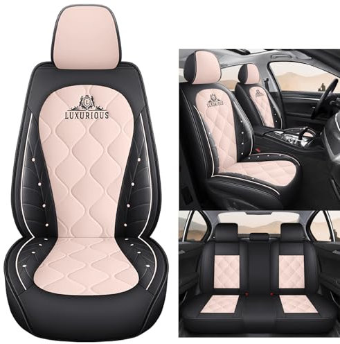 Eunncu Set Completo di Coprisedili Auto Universale | 2 Copri Sedile Auto Anteriori e 3 Copri Sedili per Auto Posteriori | Coprisedile Auto Compatibile con Airbag Laterale, Rosa Nero
