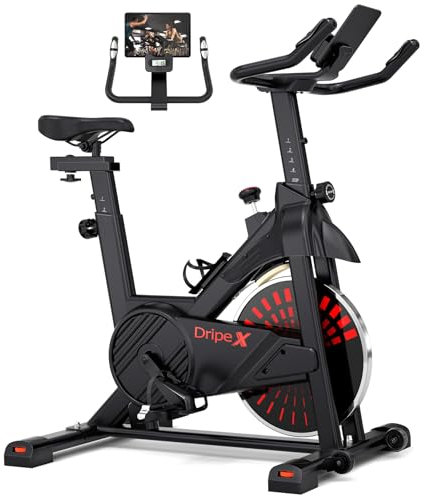 Bicicleta estática Dripex 2025, silenciosa, con cómodo sillín, gran soporte para tablet, pantalla LCD, resistencia ajustable, para interior, hasta 150 kg de carga