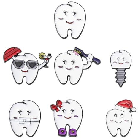WANGCL 7-teiliges Set mit Emaille-Ansteckern mit Zahnmotiv, Cartoon-Zahnarzt-Anstecker, Punk-Metall-Anstecker, geeignet für Weihnachten, Geburtstage, Jahrestage