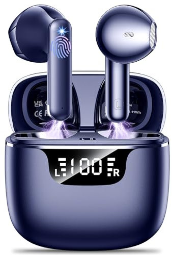 Wireless Earbuds Bluetooth 5.3 Headphones in Ear with 4 ENC Noise Cancelling Mics Ear buds HiFi Stereo Deep Bass Dual LED Display Bluetooth Earphones 42H Playtime Mini Case IP7 Waterproof Navy blue