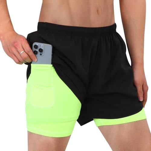 Jywmsc Men 2 in 1 Gym Shorts Activewear Sports Running Short Outdoor Workout Training Shorts with Phone Zip Pocket Green