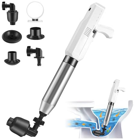 Desatascador de Tuberías con Aire Comprimido, Eléctrico desatascador WC, Desatascador de Inodoro con Barómetro, 4 Cabezas de Pistón e Inflador para Inodoro, Lavabo, baños y cocinas