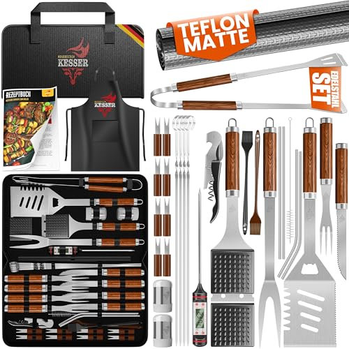 KESSER® Lot de 37 ustensiles de barbecue en acier inoxydable avec pince, spatule, spatule 4 en 1, fourchette à barbecue, brochettes de barbecue, thermomètre, tire-bouchon, tapis de barbecue et sac