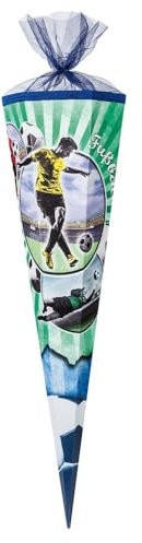 große Schultüte für Jungen und Mädchen Zuckertüte 85cm 6-eckig mit Tüllverschluss zur Einschulung (Fußball)