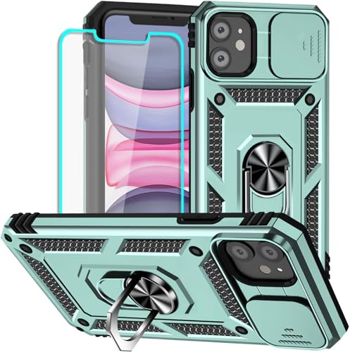 Yiakeng for iPhone 11 Case with Screen Protector: [Military Grade 20ft. Drop Tested] Slide Camera Cover Ring Shockproof Protective Phone Case for - iPhone 11 (Dark Green)