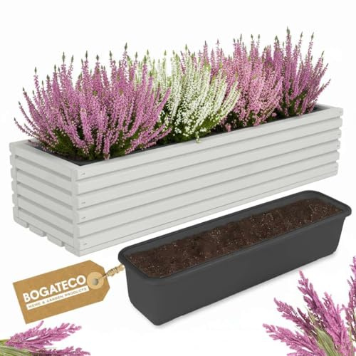 BOGATECO Blumenkasten aus Holz 64x20 cm mit Innentopf Pflanzkasten Für Garten Pflanzkübel Für Balkon Blumenkasten Für Terrasse Blumentopf mit Einsatz Kräutertopf für zu Hause Blumenkübel HELLGRAU