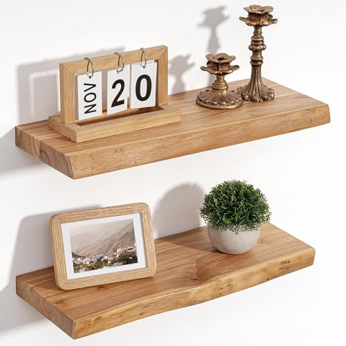 Wandregal als Wanddekoration, 2er Set, 50 cm Rustikale schweberegal Holz aus Massivem Ulmenholz mit Natürliche Kante und Verdeckter Wandhalterung, Geeignet für Wohnzimmer, Schlafzimmer und Küche