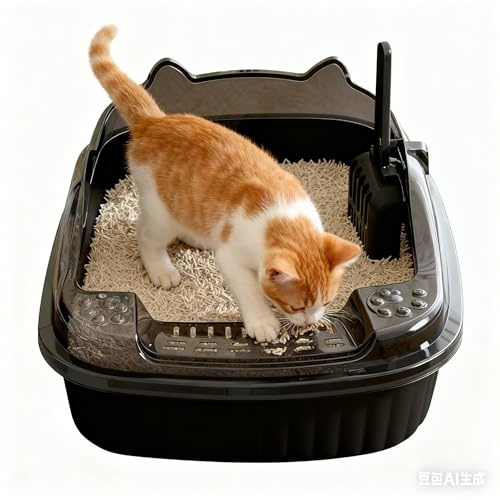 Katzentoilette Groß, Katzenklo hoher Rand ohne Deckel, Kunststoff XL Katzen Klo offen, Katzentoilette offen mit Katzenklo Schaufel (Schwarz)