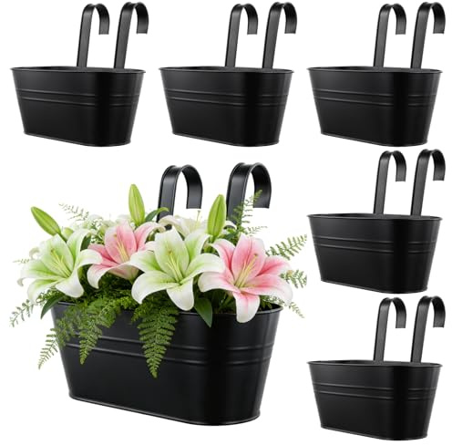 ZEONHEI 6 Stück Hängende Blumentöpfe Metall, Schwarz Hängetöpfe Balkon, Blumentöpfe zum Aufhängen Hängetopf mit Haken für Balkon Zaun Fenster Garten, 27 x 14,5 x 12cm