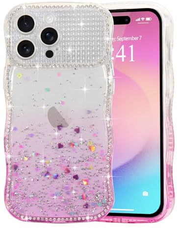 LCHULLE Compatibile con iPhone 15 Pro Cover Glitter Ondulata, Viola | Custodia con Brillantini, Traslucida Design Forma Ondulata, Decorazione con Scintillante Strass, Silikon Glitter Case