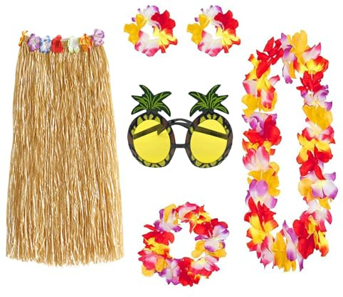 6er Hawaiian Hula Set,Hawaii Party Faschingskostüm,Hawaii Kette Blumen und Ananas Sonnenbrille,Bastrock Hawaii Outfit,Hawaii Kostüm Damen,für Tropisches Luau Strand Geburtstag Karneval Party Zubehör