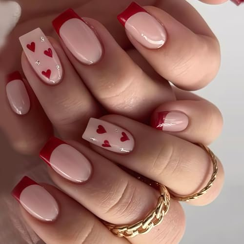 Square Medium Press On Nails - 24pcs Red Heart False Nails French Tip - Nude Pink Based Fake Nail with Glue - Valentine's Day Sweet Rhinestones Stick on Nails Nail Art Accessories for Women