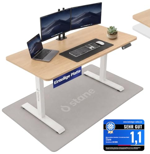 Stane Höhenverstellbarer Schreibtisch 140x80 - Elektrischer Bürotisch Eiche | Computertisch [4 Positionen] ideal für Homeoffice und Büro mit Kabelkanal - Einteilige Tischplatte Eiche, weißer Rahmen