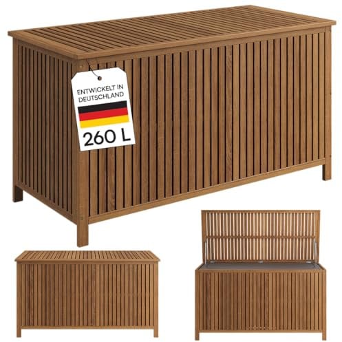STEELSØN Alkes Aufbewahrungsbox aus geöltem Akazienholz – Auflagenbox mit hochwertiger Innenplane – Outdoor Kissenbox mit klappbarem Deckel – Sitztruhe sicherer Halt – Gartenbox wetterfest 114x52x59cm