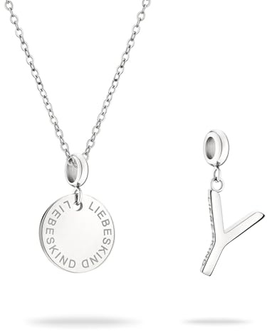 LIEBESKIND BERLIN Set - bestehend aus Halskette und Buchstaben Charm aus poliertem Edelstahl - Ankerkette mit Charm verstellbar bis 45cm - wasserfest & hautfreundlich