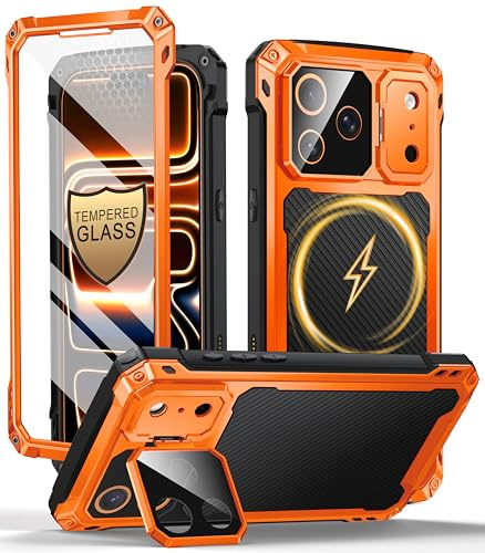 Beeasy Militärschutz für iPhone 17 Pro Max Hülle mit Kameraschutz, Orange | [Integrierter Ständer & Panzerglas] MagSafe Schutzhülle, Robuste Aluminium Metall Handyhülle, Stoßfest Bumper Heavy Duty Case