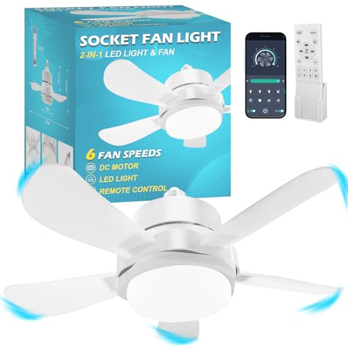 YAZIONG Ventilador de Casquillo con Luz LED 40 cm, Ventilador de Techo con Base E27, 6 Palas, Motor DC 6 Velocidades Regulable, 6000K (blanco)
