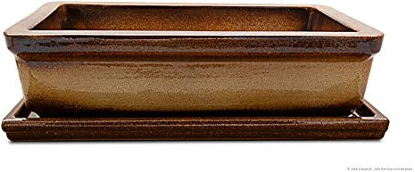 K&K Bonsaischale/Pflanzschale mit Unterschale, rechteckig, frostbeständig, braun-geflammt, 29x18x7cm aus Steinzeug Keramik