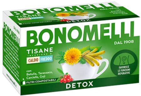 Bonomelli Tisane Funzionali, Detox, Confezione da 16 Filtri, con Betulla, Tarassaco, Carciofo e Goji, Integratore Alimentare, Favorisce le Funzioni Depurative, Infusione a Caldo e a Freddo (32g)